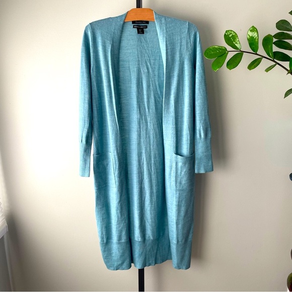 Tahari 100% Merino Wool Long Longline Open Knit Cardigan Sweater Ice Blue Small - Picture 9 of 10